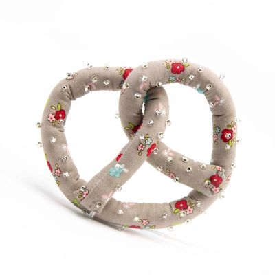 Red Flowers on Gray Pretzel, soft sculpture HIRC235