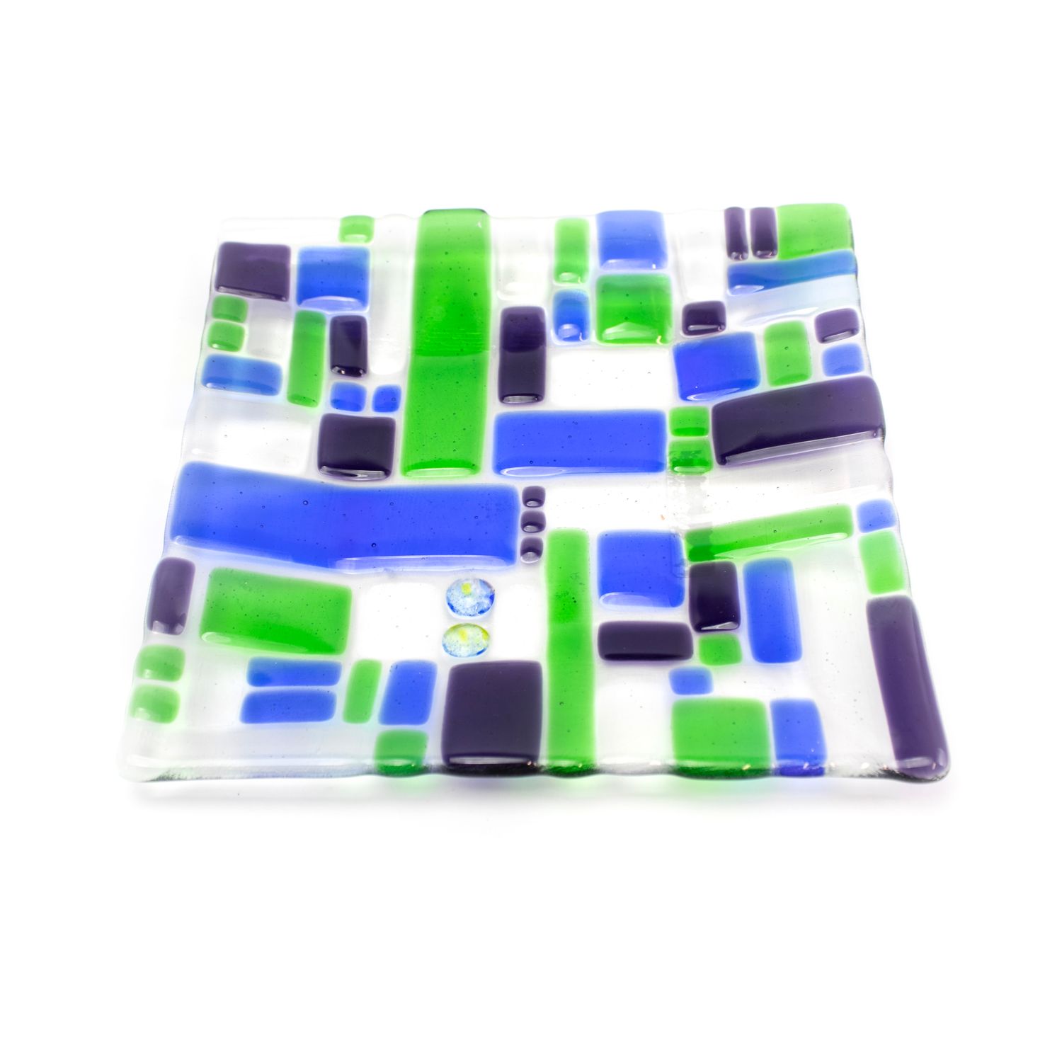 Blues, Greens 8" plate, fused glass HARC415