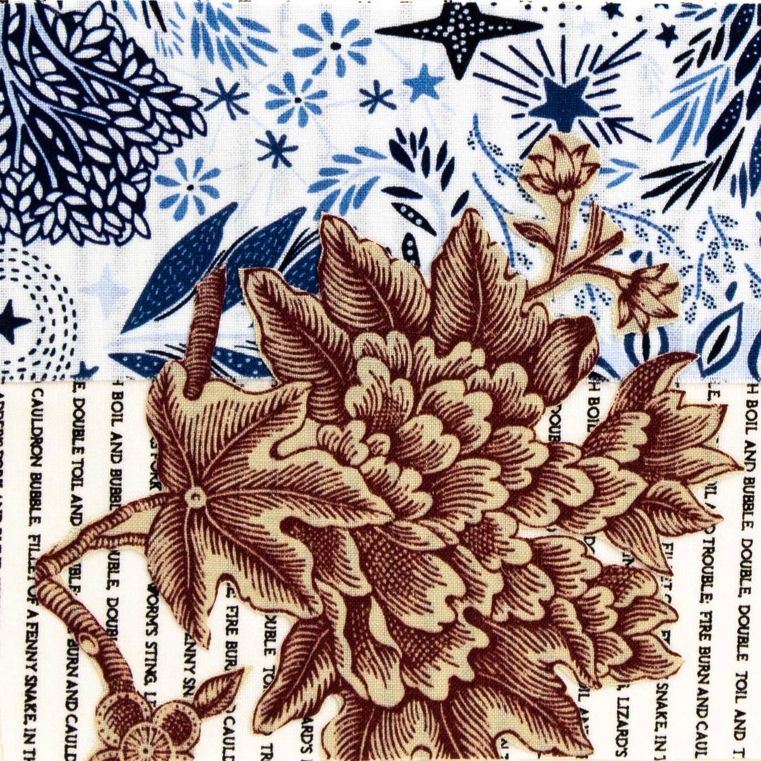 Blue with Etched Flower, textile collage card HIRC284