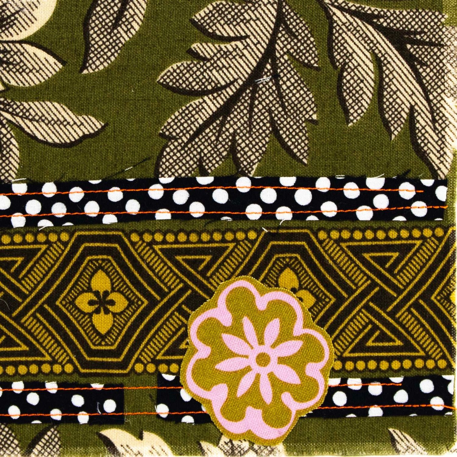 Golden Band with Olive, textile collage card HIRC285