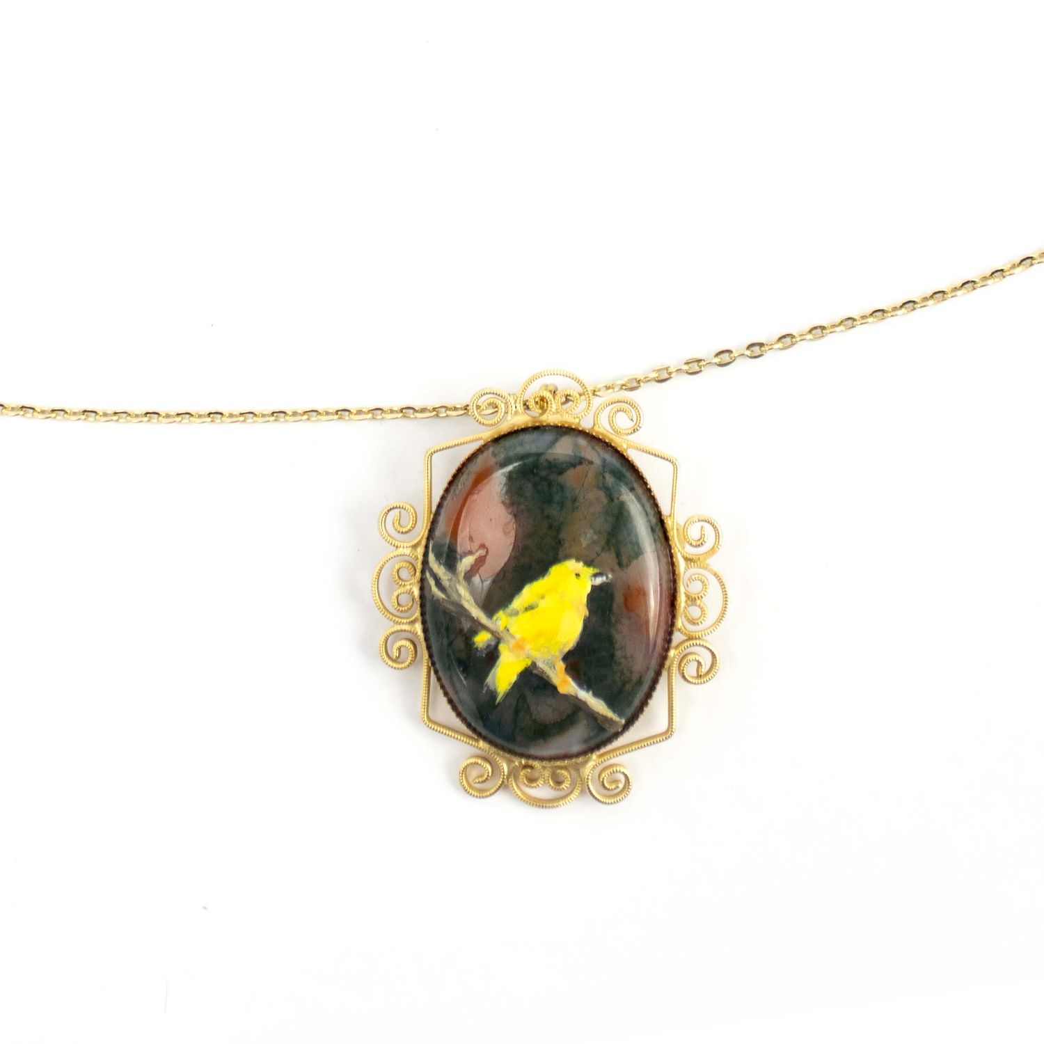 Goldfinch on Agate Broach, painted necklace pin BARJ177