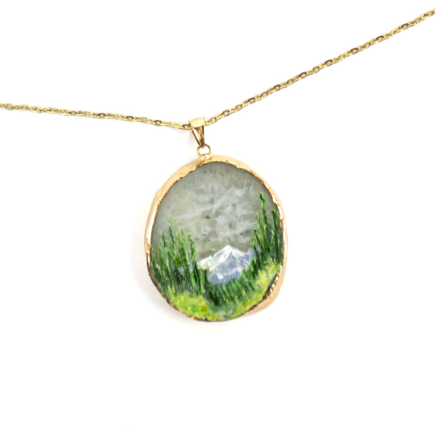 Mountain Scenery/ Tree, painted quartz pendant BARJ179