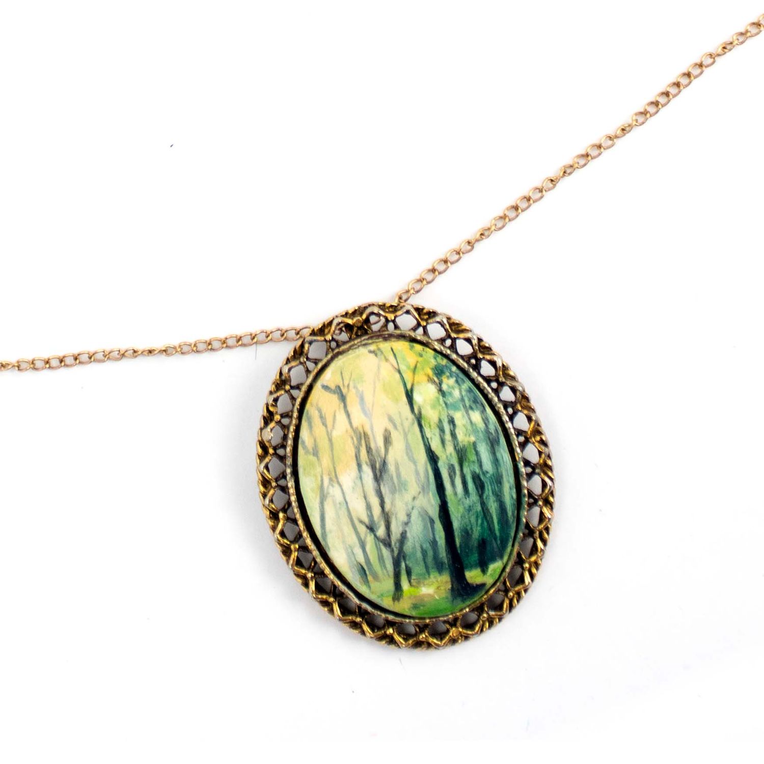 Misty Forest, painted necklace pin BARJ178