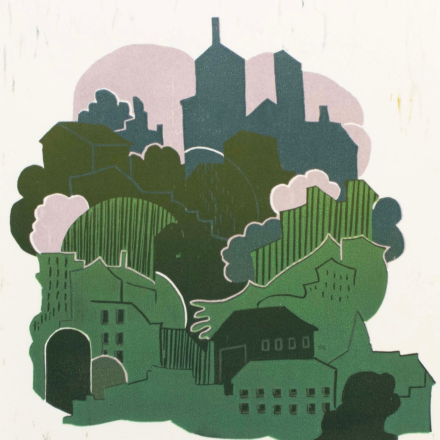 Spring Garden, reductive woodblock print IMPL151