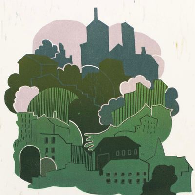 Spring Garden, reductive woodblock print IMPL151