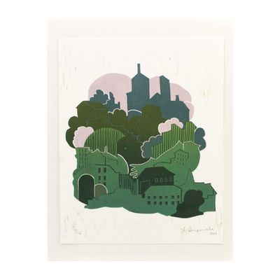 Spring Garden, reductive woodblock print IMPL151