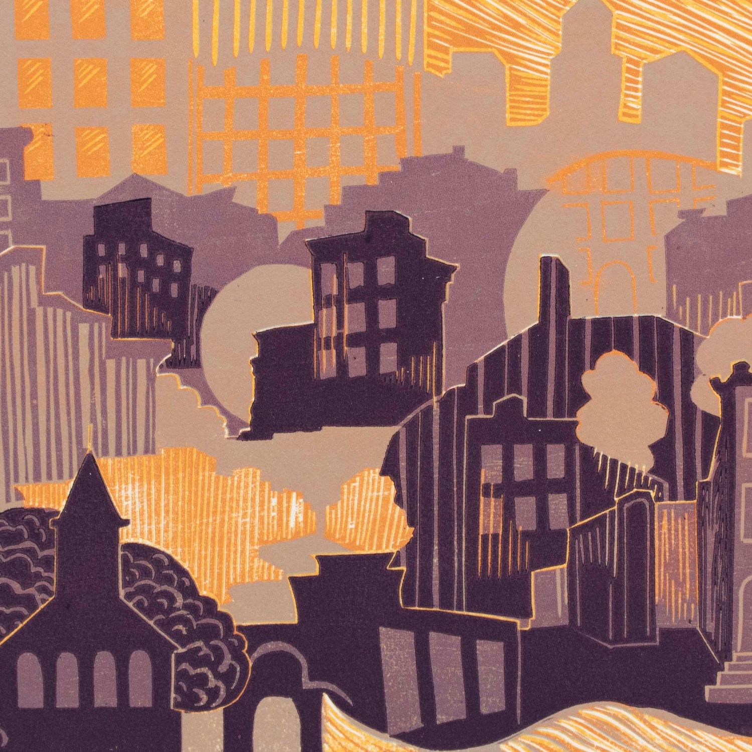 Around the Neighborhood (taupe), reductive woodblock print IMPL152