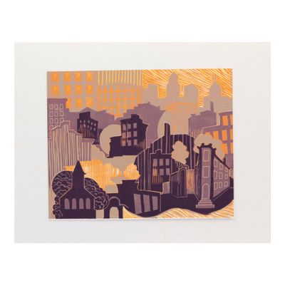 Around the Neighborhood (taupe), reductive woodblock print IMPL152