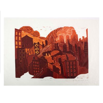 Crossing Bridges (orange), woodblock print IMPL160