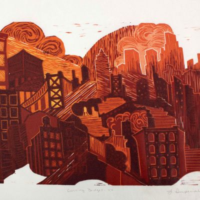 Crossing Bridges (orange), woodblock print IMPL160