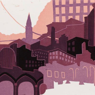 Good Ole Philly Vibes, reductive woodblock print IMPL150