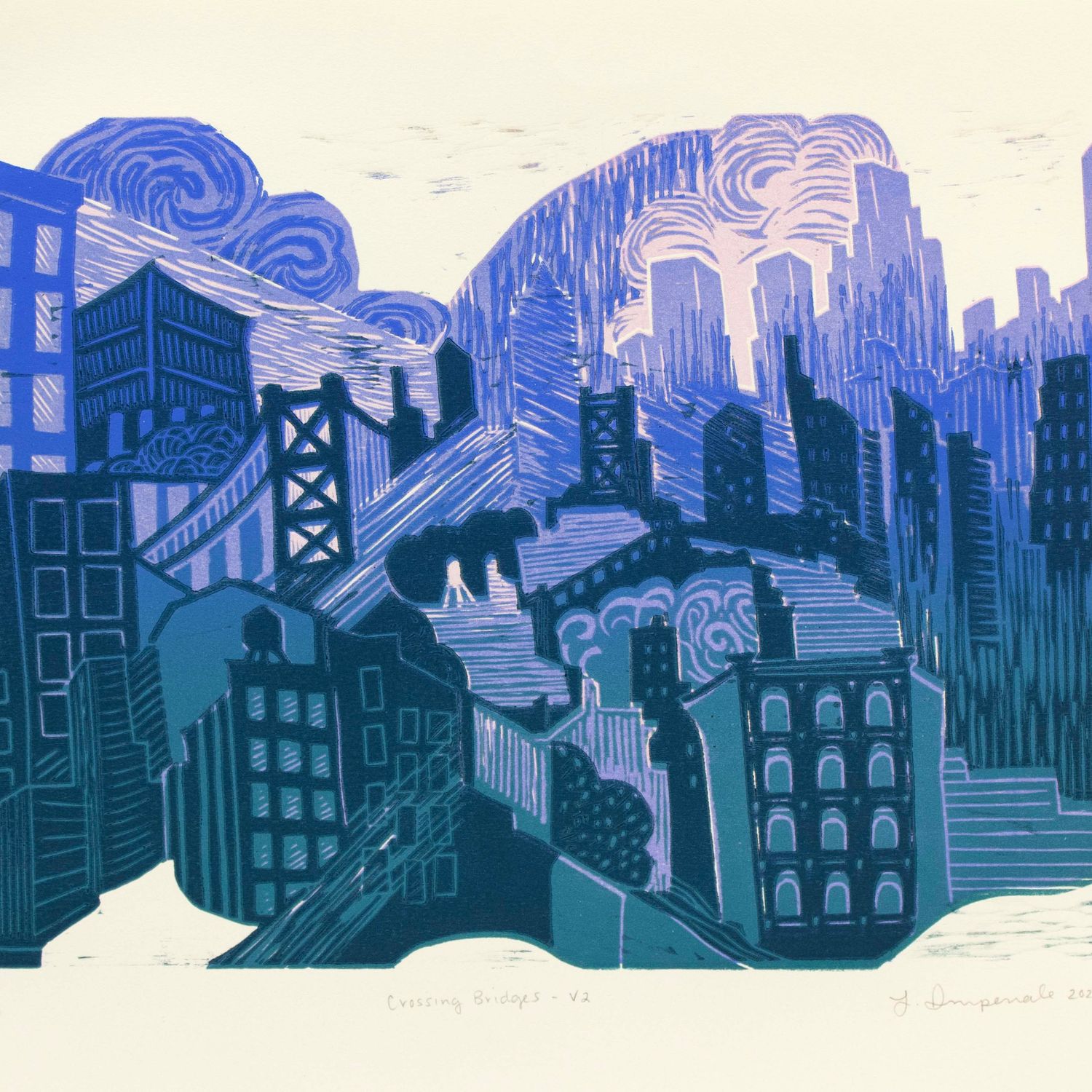 Crossing Bridges (teal), reductive woodblock print IMPL158