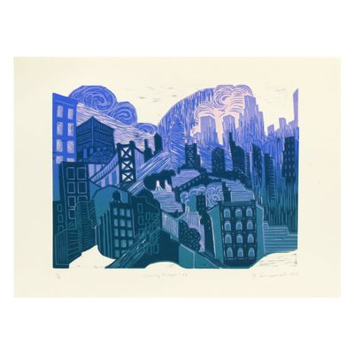 Crossing Bridges (teal), reductive woodblock print IMPL158