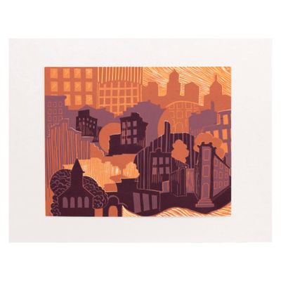 Around the Neighborhood (orange), reductive woodblock print IMPL153