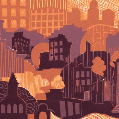 Around the Neighborhood (orange), reductive woodblock print IMPL153