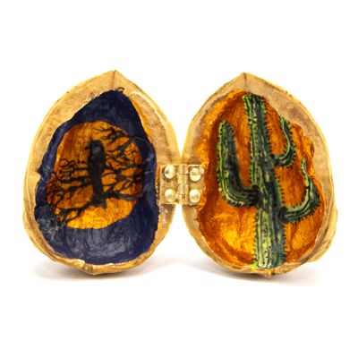 Bird and Cactus with Copper, walnut painting GERS29