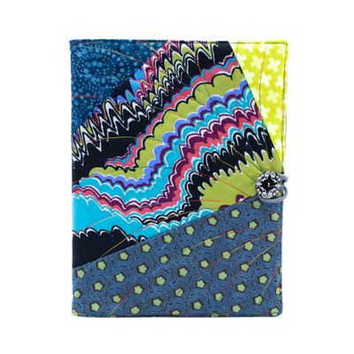 Olive, Turquoise, Black Wave Pattern, large quilt covered journal HIRC382