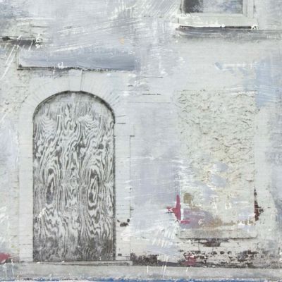 Boarded Up Building, mixed media painting SAND539