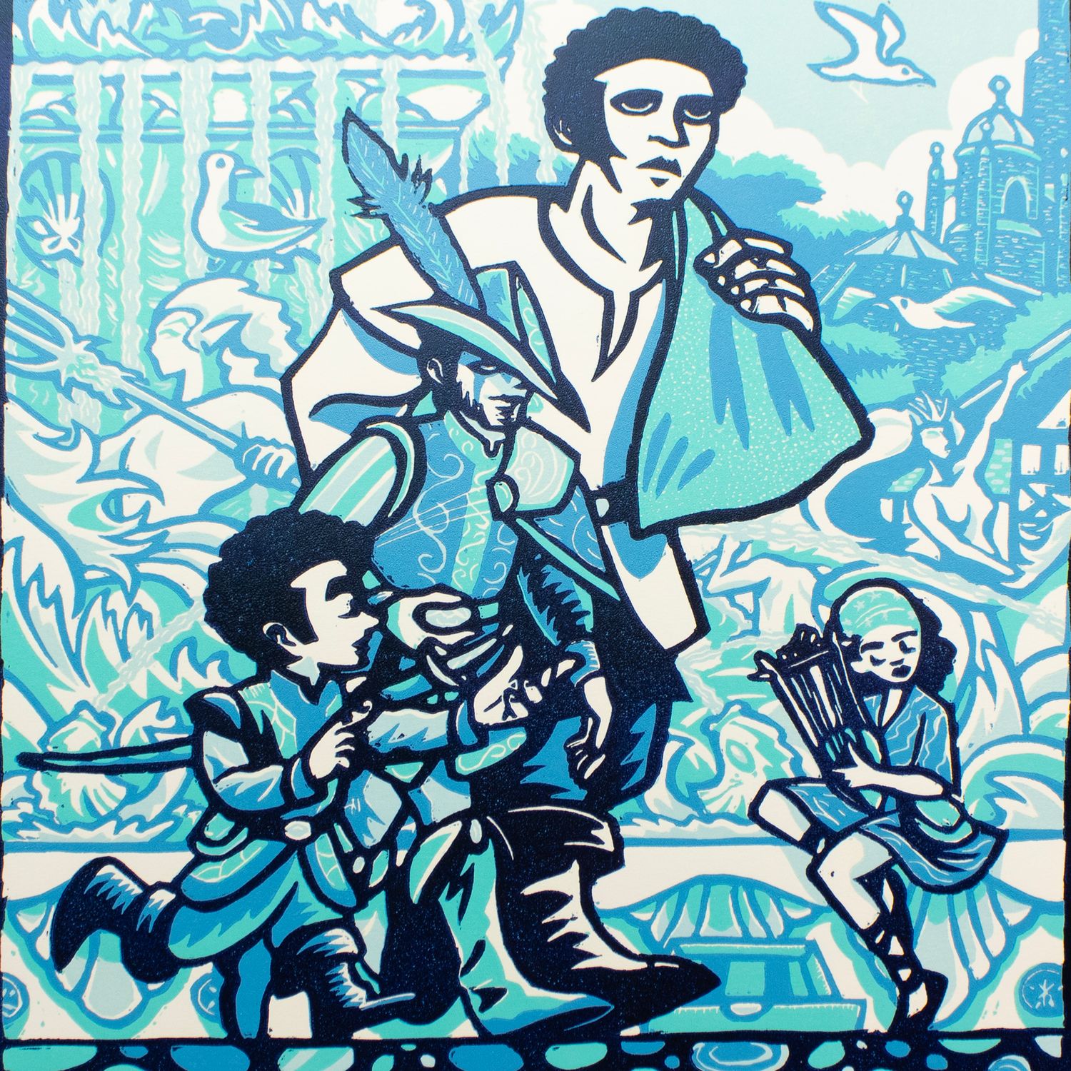 The Broleo Brothers &amp; Lysha of the Lyre at the Mermaid's Fountain, linoblock print SGIM01