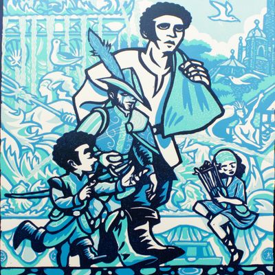 The Broleo Brothers &amp; Lysha of the Lyre at the Mermaid's Fountain, linoblock print SGIM01