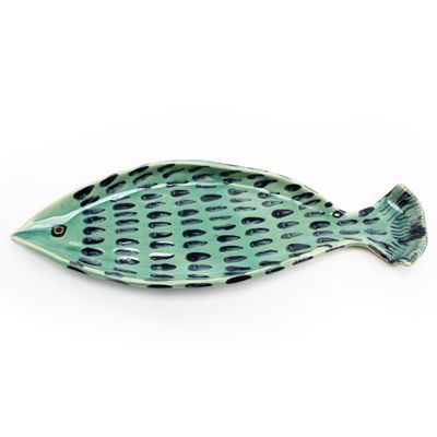 Indigo on Teal Large Fish Plate, ceramic ROHG068