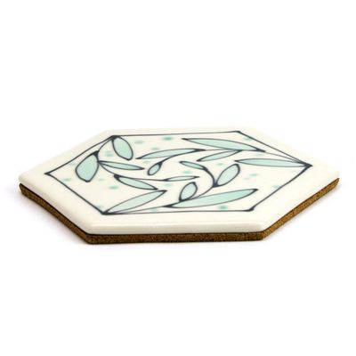 Ivory/Blue Green Trivet, trivet with cork HECL443