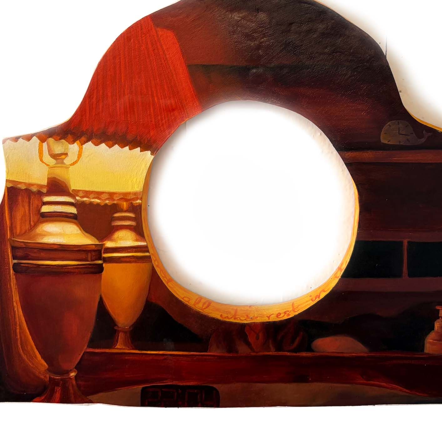 22:04 (It’s 12:17 somewhere) (top), oil on ceramic