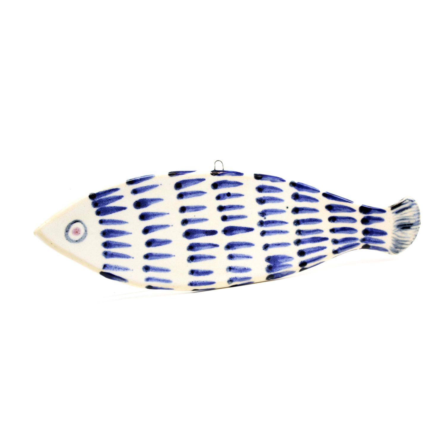 Fish Ornament Medium: White with Indigo and Round Tail, ceramic ROHG110