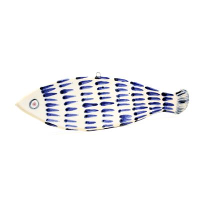 Fish Ornament Medium: White with Indigo and Round Tail, ceramic ROHG110