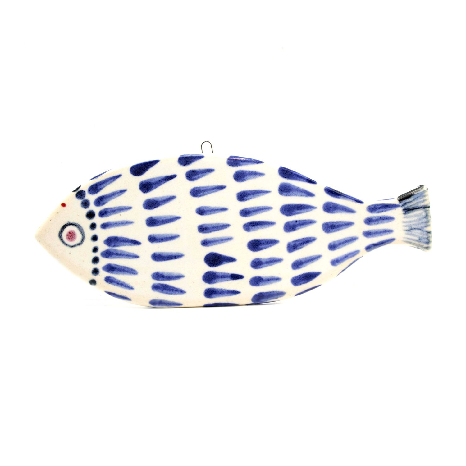 Fish Ornament Medium: White with Indigo Scales, ceramic ROHG109