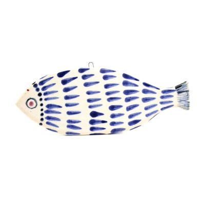 Fish Ornament Medium: White with Indigo Scales, ceramic ROHG109