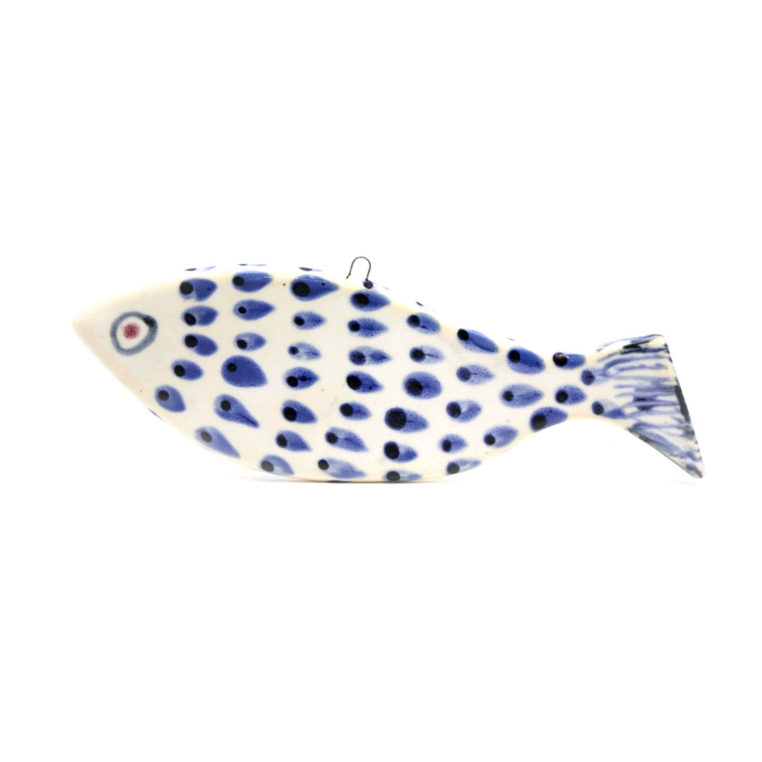 Fish Ornament Small: White with Indigo Scales, ceramic ROHG113
