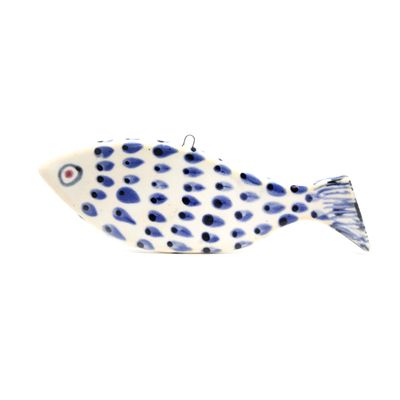 Fish Ornament Small: White with Indigo Scales, ceramic ROHG113