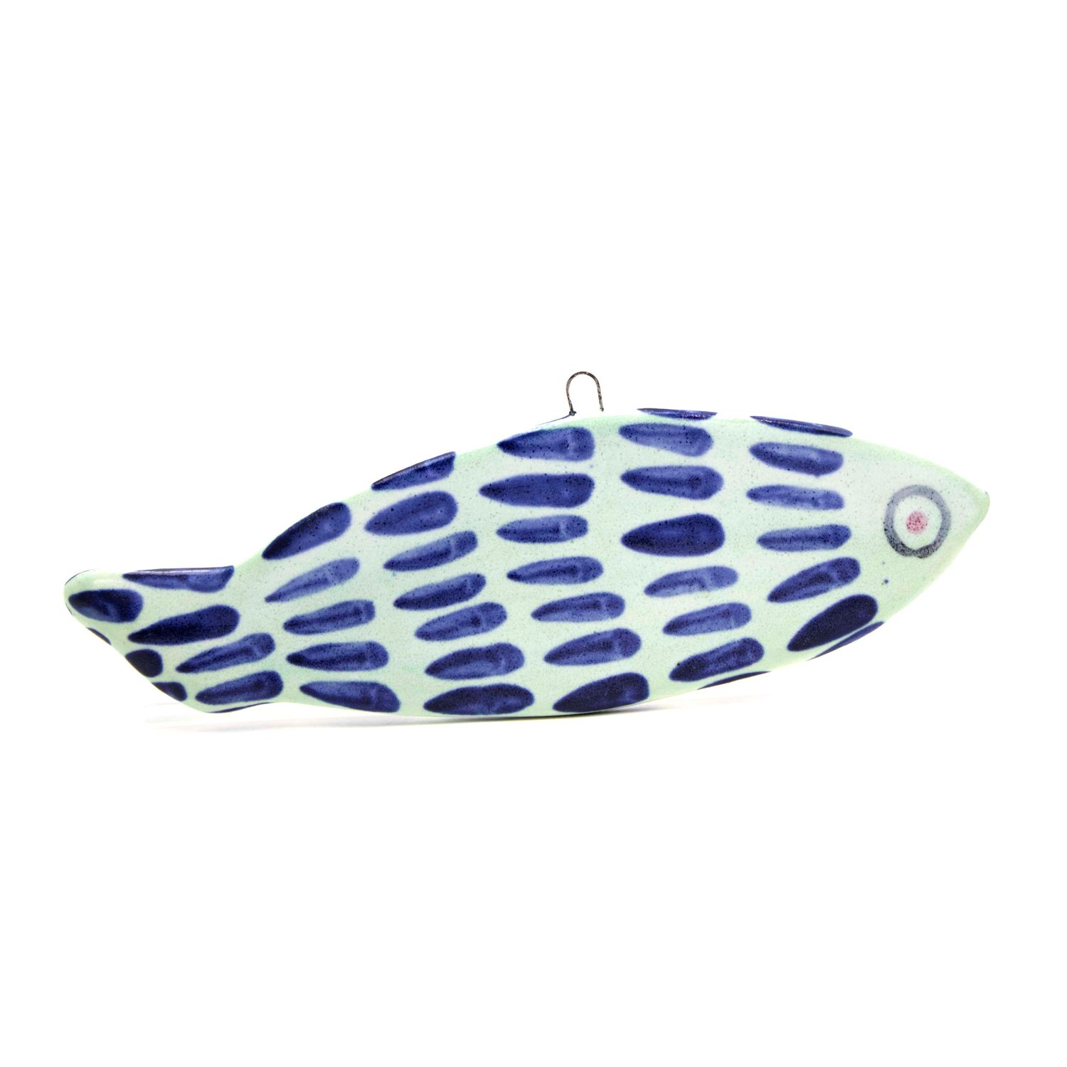 Fish Ornament Small: Light Aqua with Navy Scales, ceramic ROHG111