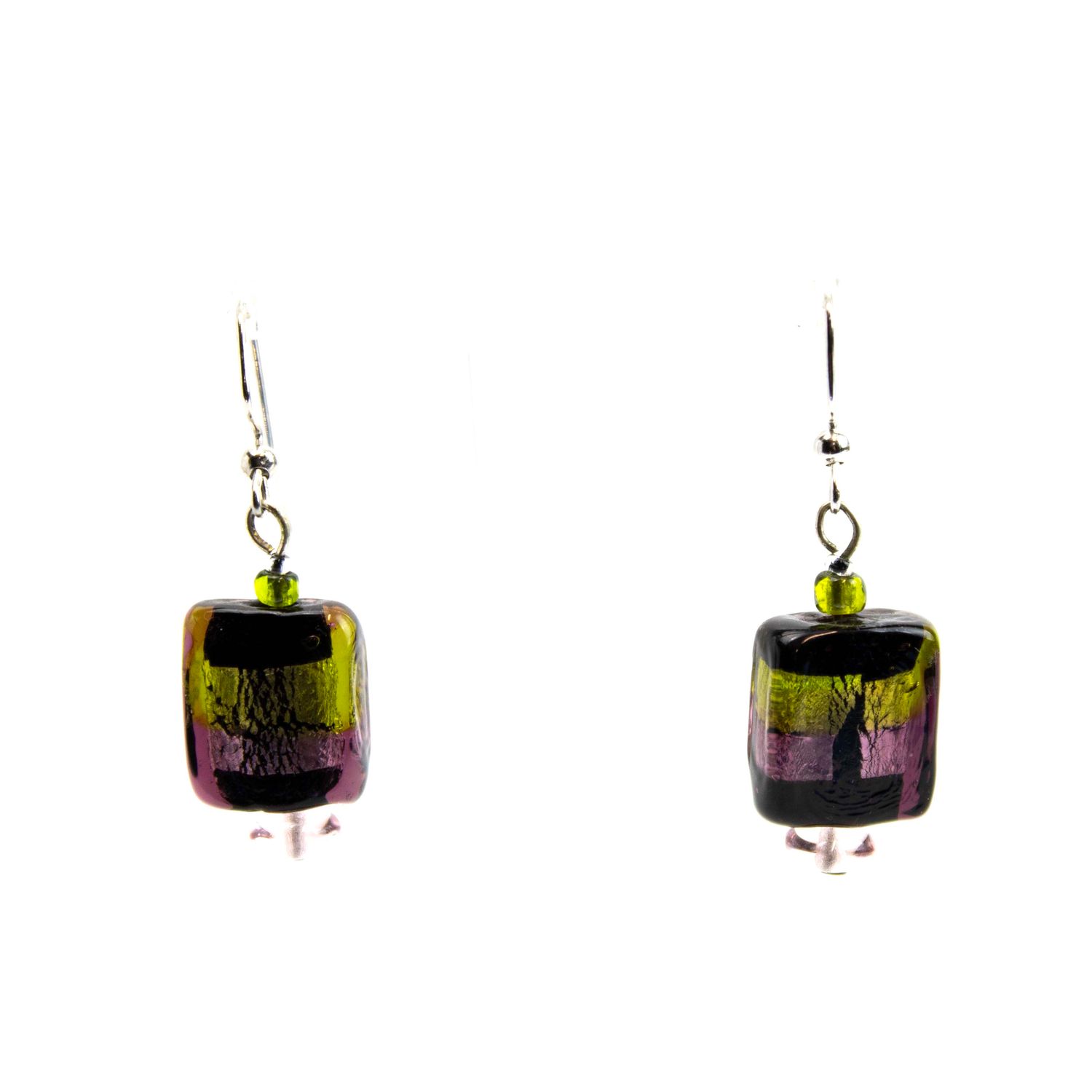 Pink  Green Crackle Square, glass earrings RILM134