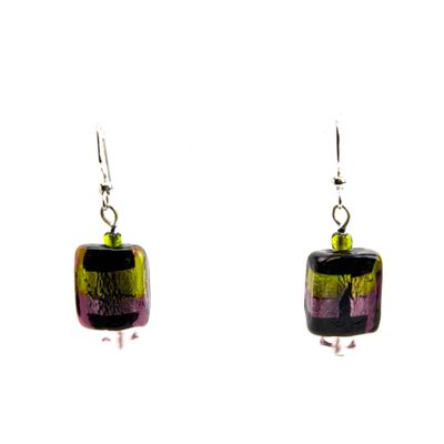 Pink  Green Crackle Square, glass earrings RILM134