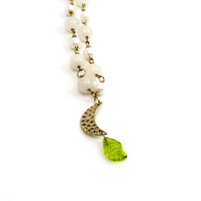 Gold Crescent Moon with Green Leave, necklace RILM141