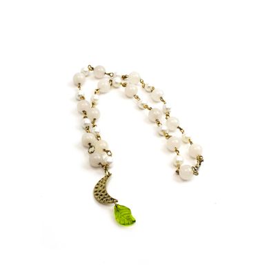 Gold Crescent Moon with Green Leave, necklace RILM141