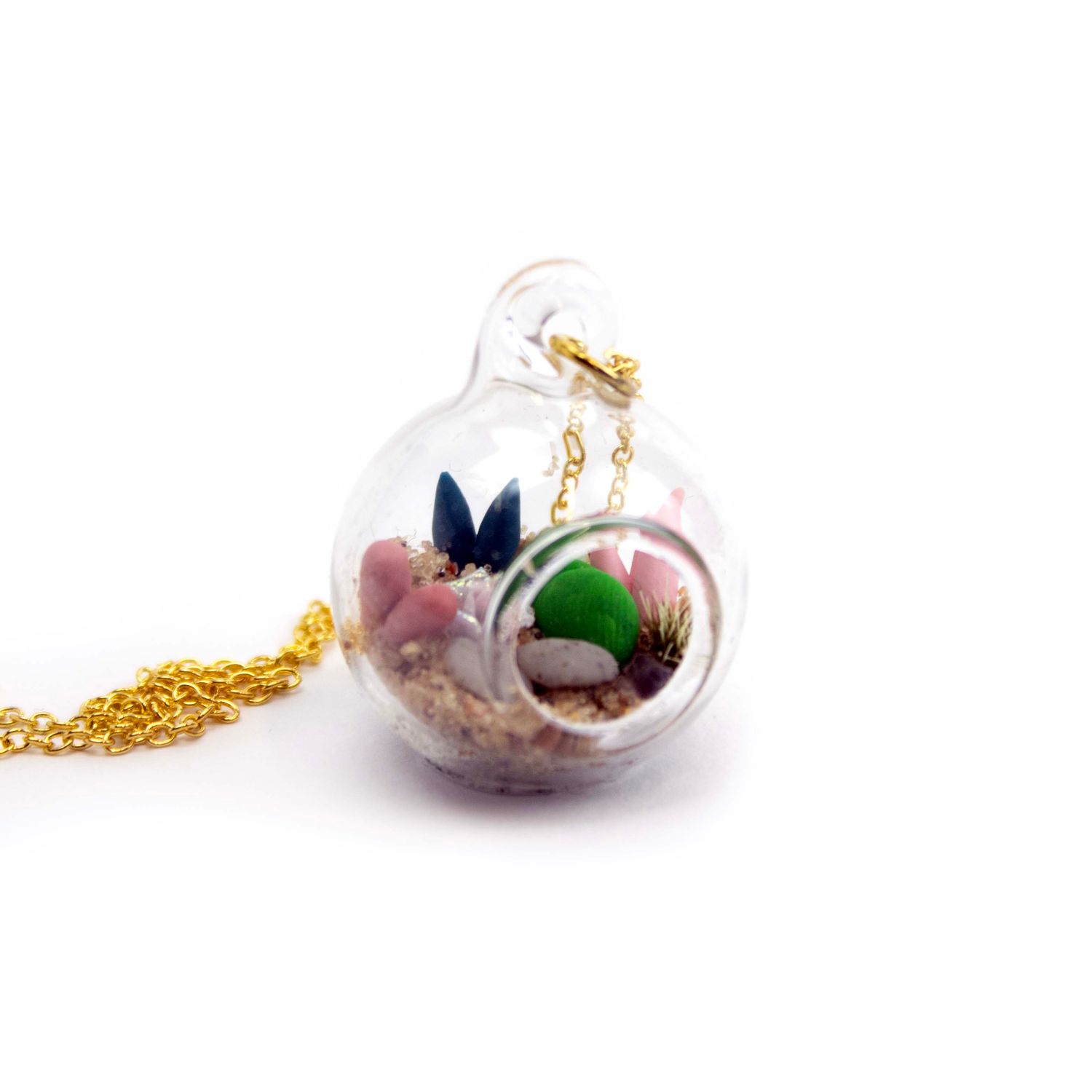 Mini Terrarium with Pink &amp; Salmon Succulent, necklace MOHL088