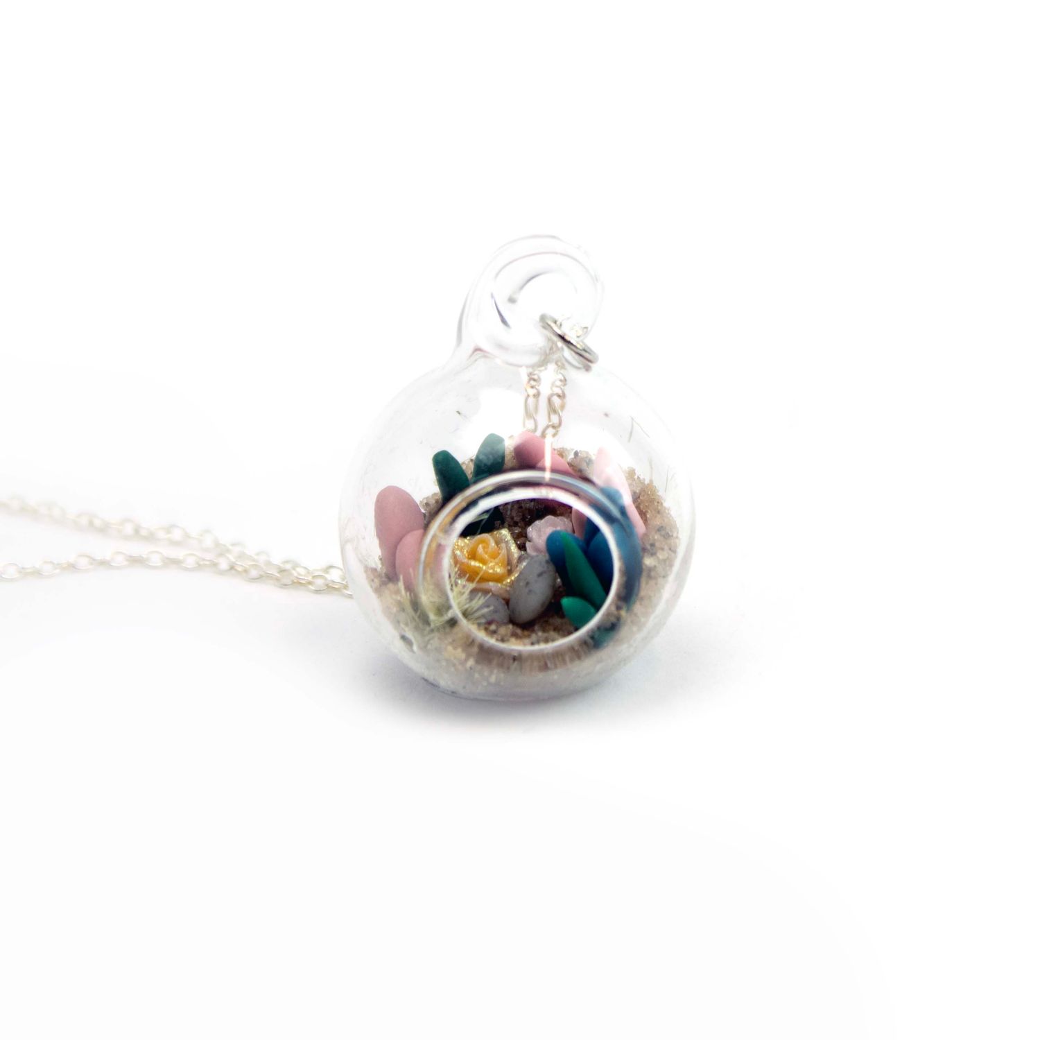 Mini Terrarium with Flat Salmon Succulent, necklace MOHL090