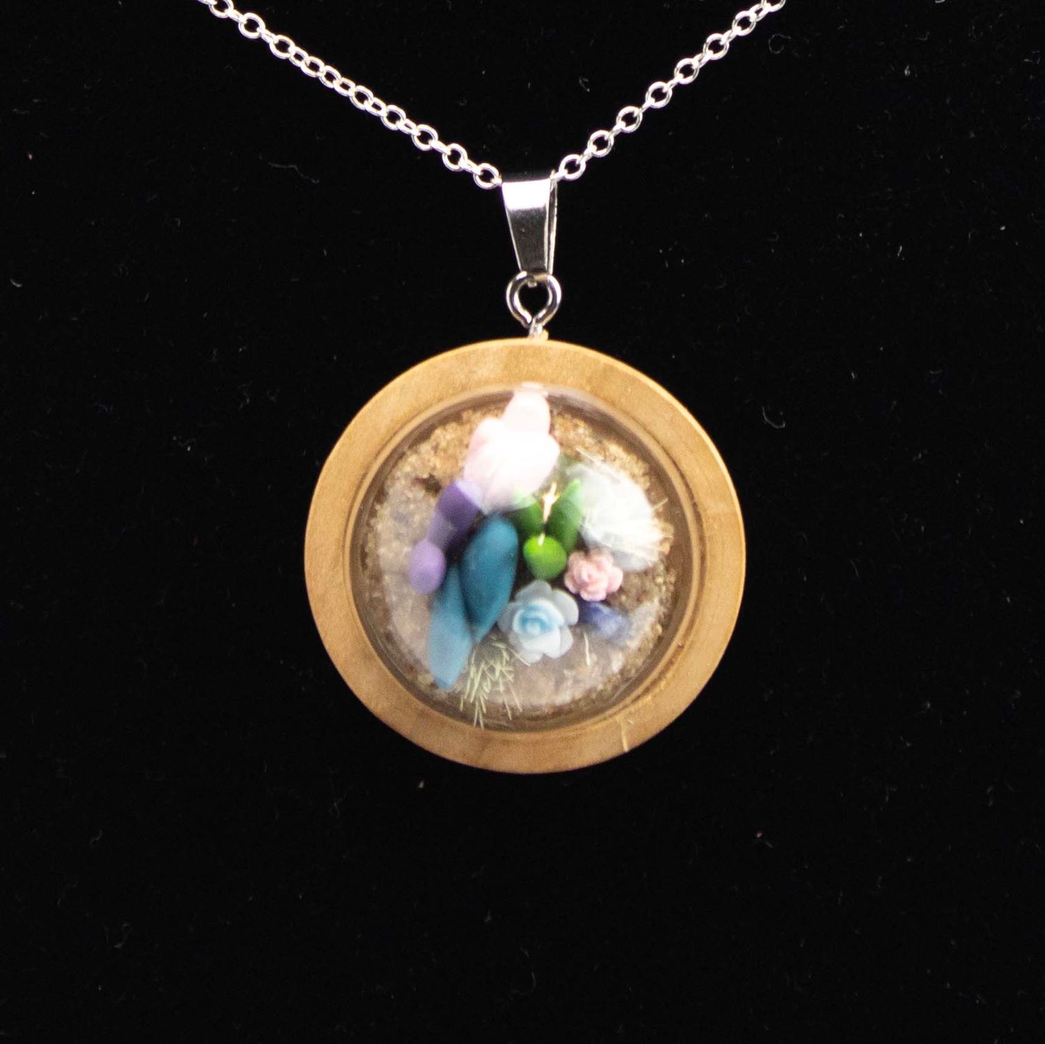 Glass Dome Terrarium with Pink Teal, necklace MOHL091