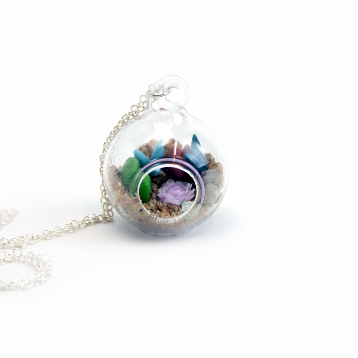 Mini Terrarium with Bright Blue Succulent, necklace MOHL087