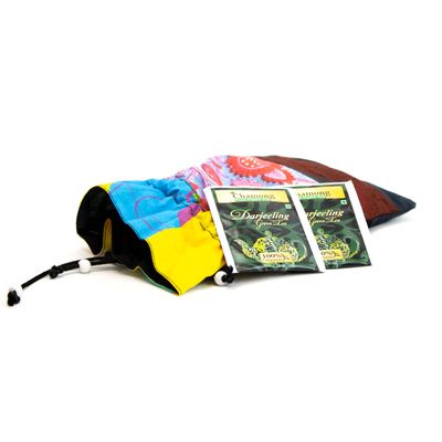 Gift Bag of Tea, sky blue red flowers silk bag LOHH1957