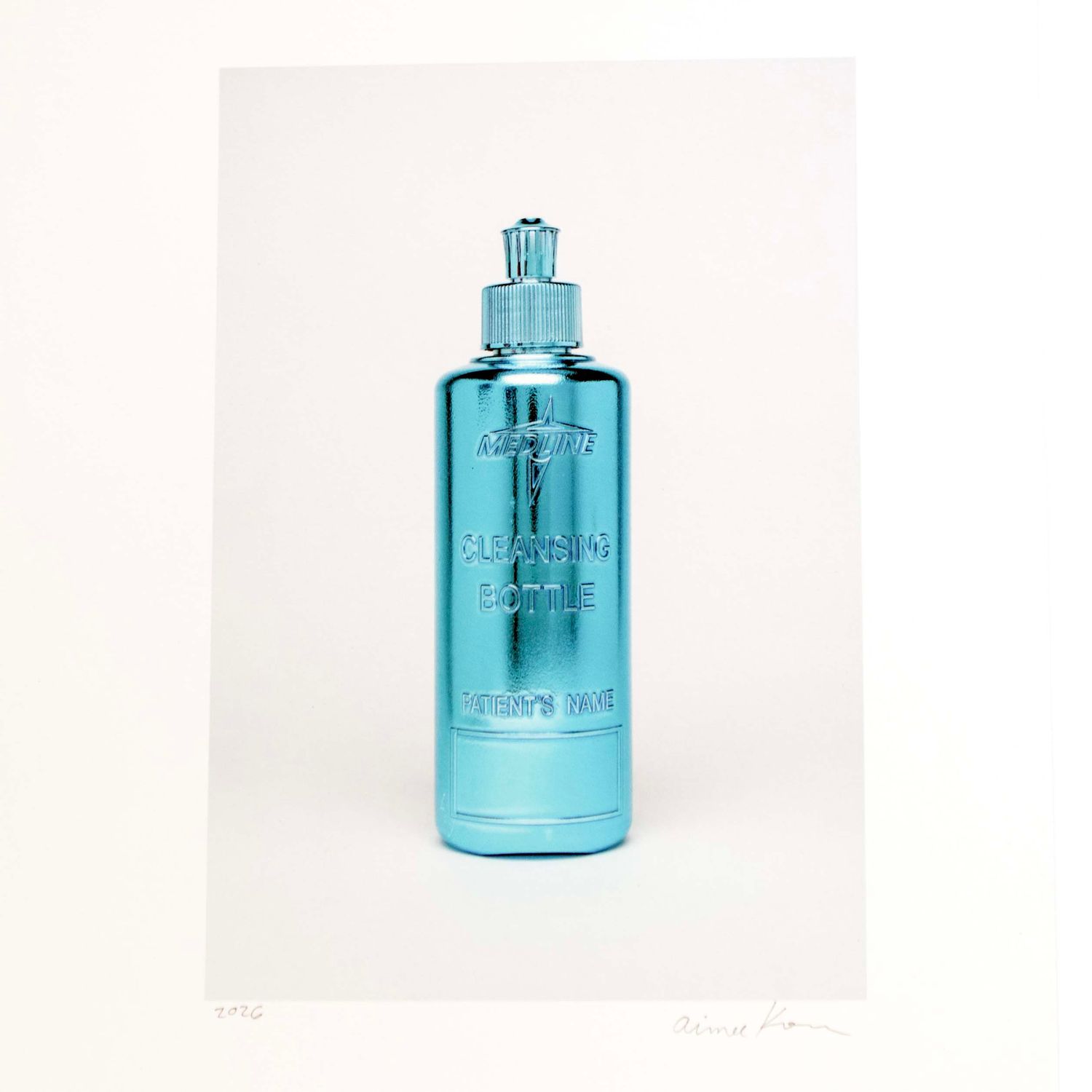 Blue chrome plated bottle, print KORA02