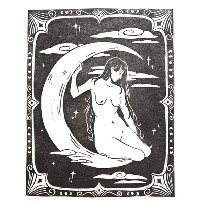 Woman on the Moon, linocut print RUIM10