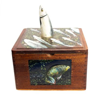Fish Escaping Vault #5, cigar box painting JACC001