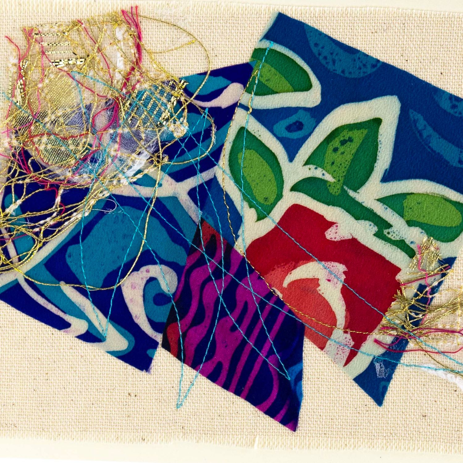 Glittery Blues, textile collage card HIRC425