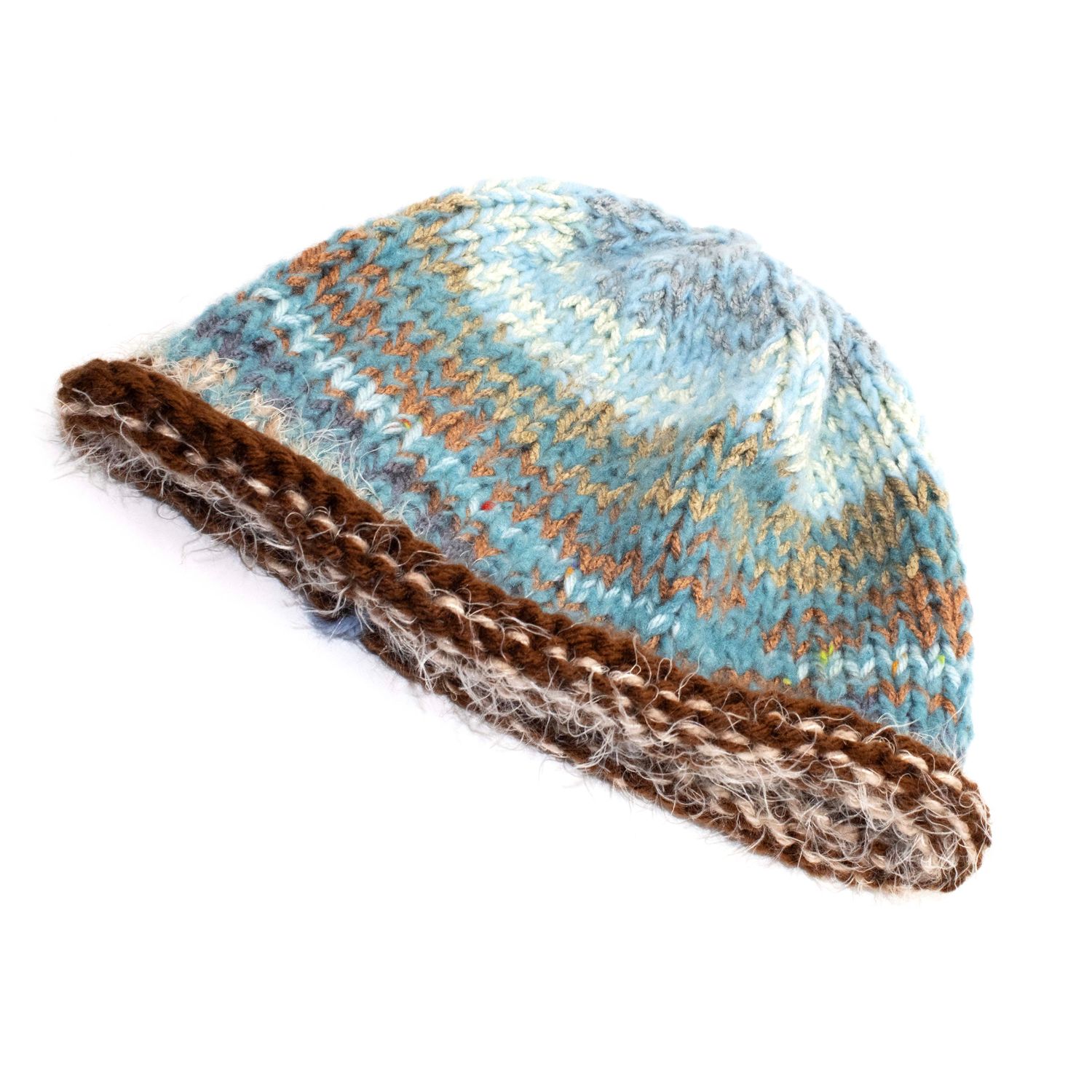 Winter Blues with Gold Hat, handknit HIRC389
