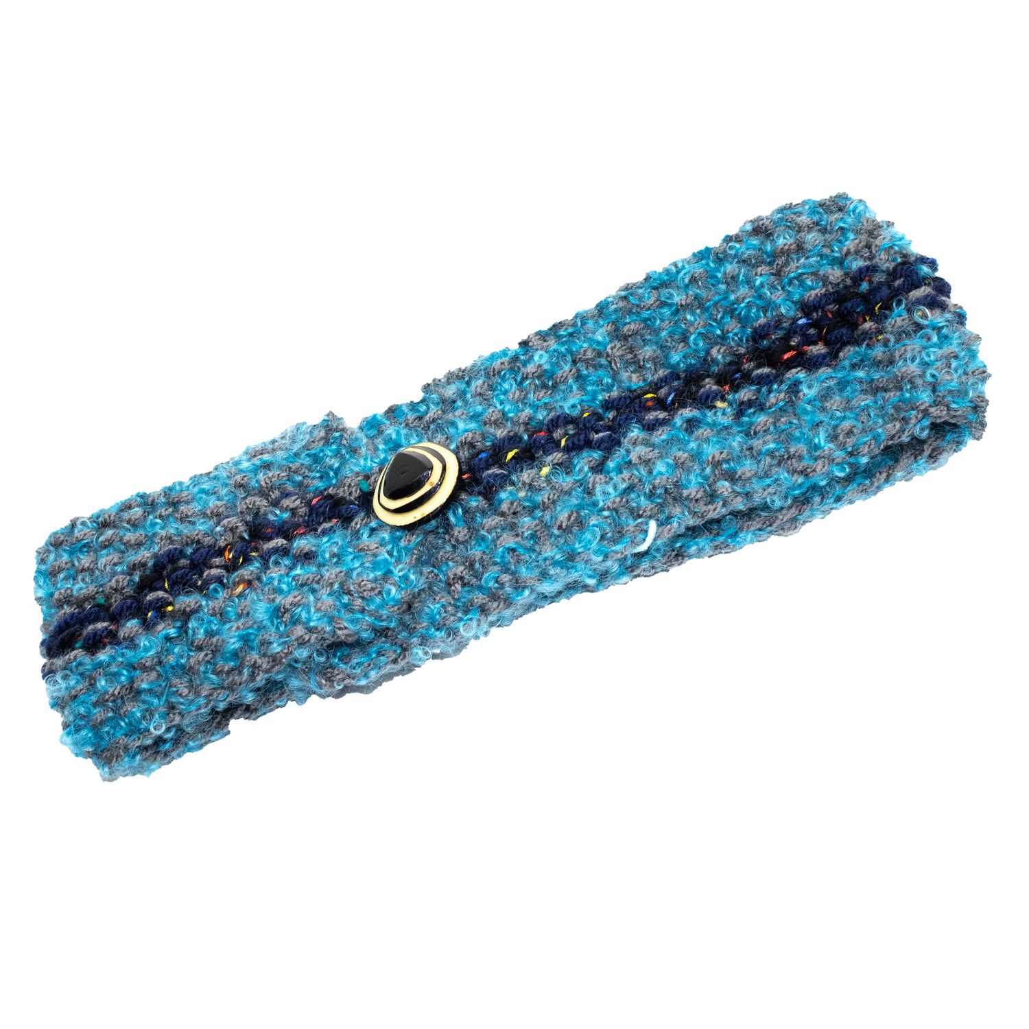 Teal with Navy Stripe Headband, handknit HIRC387