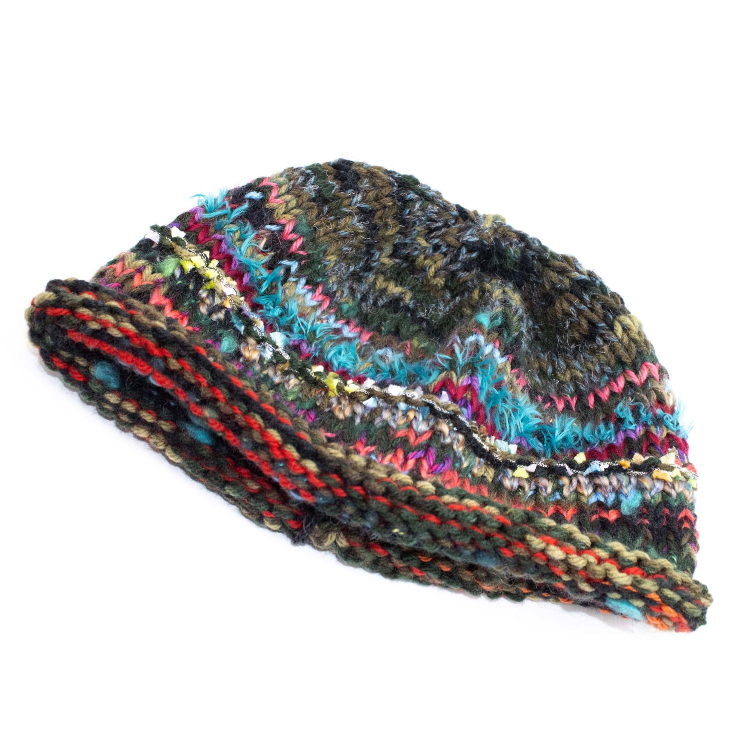 Teal Fur with Mini Fringe Hat, handknit HIRC391